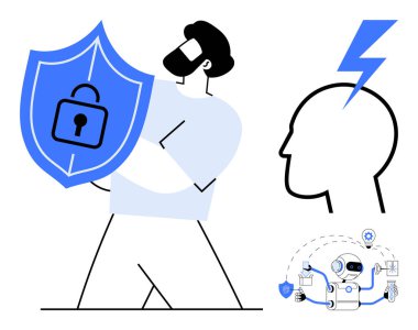 Adam kalkanı kilitli tutuyor, kafası yıldırımlı, ve yapay zeka robotu dişli ve kalkanlı. Siber güvenlik, veri koruması, yapay zeka entegrasyonu, mahremiyet, güvenli düşünce, yenilik için ideal