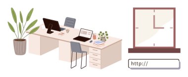 Çalışma alanı kurulumu masalar, dizüstü bilgisayarlar, kapalı fabrika ve saatli bir pencere ve web tarayıcı çubuğunun yanında kitaplar. Ofis, iş kültürü, üretkenlik, zaman yönetimi, minimalizm için ideal