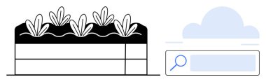 Arama çubuğu ve soyut bulut elementinin yanında filizlenen bitkilerle yükseltilmiş bahçe yatağı. Sürdürülebilirlik, tarım, teknoloji, veri yönetimi, bahçıvanlık, yenilik ve basit iniş için ideal