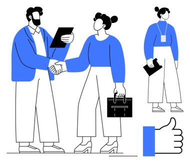 İki profesyonel el sıkışıyor, biri bir belge tutuyor, yanında da bir dosya taşıyor. Evrak çantası ve baş parmak işareti başarıyı simgeler. Takım çalışması, ağ oluşturma, ortaklık için ideal