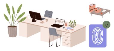 Dizüstü bilgisayarları, sandalyeleri, evrakları, bitkileri ve dosya saklama masası olan çift kişilik masalar. Biyometrik parmak izi erişim ikonu güvenli dijital çözümleri simgeler. Ofis kurmak, takım çalışması, güvenlik için ideal