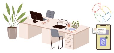 Bilgisayarlar, bitkiler ve kitaplarla donatılmış ofis masaları iki faktörlü kimlik doğrulama ve renkli bulmaca bilgilerine sahip bir cep telefonunun yanında. Takım çalışması, verimlilik ve işbirliği için ideal