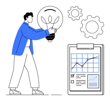Elinde dişli bir ampul ve büyüme grafiğini gösteren bir pano tutan kişi. Yenilik, iş stratejisi, veri analizi, takım çalışması, problem çözme, yaratıcılık ve basit bir iniş sayfası için ideal