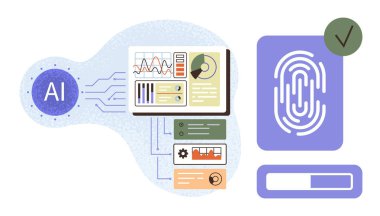 Ekranda analitik çizelgeler, parmak izi taraması ve yeşil işaretli işlem çubuğu olan yapay zeka işleme verileri. Teknoloji, güvenlik, yenilik, biyometrik, verimlilik, veri görselleştirme için ideal