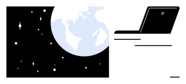 Dünya, açık bir dizüstü bilgisayarın yanında, küresel iletişim, teknoloji, çevrimiçi öğrenme, uzaktan çalışma, yenilik, küresel ulaşım ve yaratıcılığı temsil ediyor. Basit düz metafor için ideal