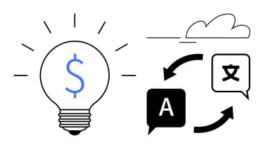 Dolar işaretli ampul yenilikçi fikirleri sembolize ederken, dil baloncukları arasındaki oklar küresel iletişim ve çeviriyi vurgular. Yaratıcılık için ideal, küresel iş, çeviri