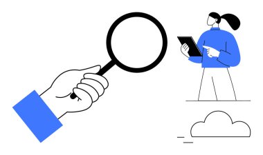 El ele tutuşan büyüteç, tabletli kadın, bulut ikonu. Araştırma, analiz, veri, teknoloji, öğrenme, iş stratejisi için ideal basit iniş sayfası