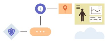 Güvenlik kalkanı, bilgi simgesi, harita şifresi, kullanıcı profili, harita, bulut. Veri koruması, siber güvenlik, kullanıcı analizi konumu gizlilik bilgi sistemlerinin izlenmesi ve güvenli veri akışı için ideal