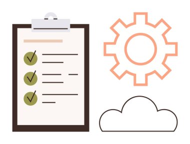 Tamamlanmış listeli pano, turuncu dişli simgesi ve bulut simgesi. Proje yönetimi, görev planlaması, takım çalışması, üretkenlik, iş akışı, iş stratejisi için ideal basit düz metafor
