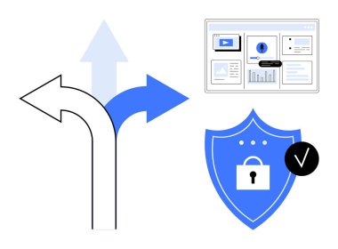 Oklar üç seçeneğe ayrılıyor. Kilitli ve işaretli bir kalkan ve kontrol paneli arayüzü. İş kararları, siber güvenlik, risk yönetimi, analitik, rehberlik, koruma için ideal