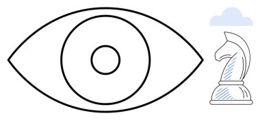 Siyah bir göz çizgisi ve bir şövalye satranç taşı stratejiyi ve karar vermeyi sembolize ediyor. Vizyon, liderlik, strateji, yaratıcılık, planlama, yenilik ve içgörü için ideal. Düz basit