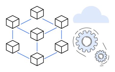 Birbirine bağlı bloklar, veri depolama, otomasyon ve teknolojiyi sembolize eden bulut hesaplama ve viteslere bağlı bir engelleme ağı oluştururlar. Engelleme zinciri, bulut teknolojisi, otomasyon için ideal