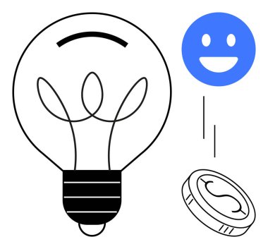 Ampul, neşeli yüz ve düşen para yaratıcılığı, olumlu görünümü ve finansal başarıyı simgeler. Fikirler, motivasyon, verimlilik, yenilik için ideal. Mutluluğu finanse etmek için basit iniş.