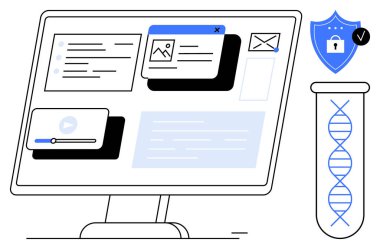 DNA modeli ve kalkan simgesi ile çevrili dosyaları, e-postaları, medyayı gösteren masaüstü monitörü. Veri koruması, genomik, dijital sağlık, biyoteknoloji ve çevrimiçi güvenlik araştırmaları için ideal güvenli sistemler