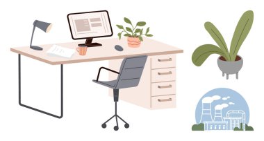 Merkez ofis, masa, monitör, lamba, kağıtlar, sandalye ve fabrika illüstrasyonunun yanında bitkilerle kurulmuş. İş-yaşam dengesi, sürdürülebilirlik, çevre ofisi çalışma tarzı için ideal