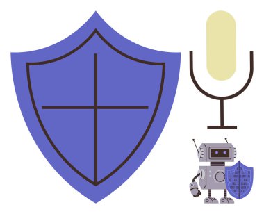 Robot kalkanı, haçlı kalkan sembolü, yanında mikrofon tutuyor. Yapay zeka güvenliği, veri koruması, siber güvenlik, ses teknolojisi, özel dijital savunma yeniliği için idealdir. Basit düz metafor