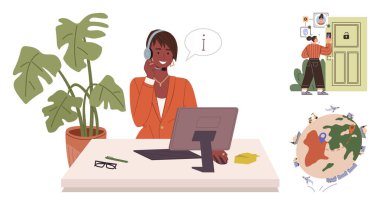 Müşteri desteği temsilcisi cevapları ayarlıyor, siber güvenlik sorunlarıyla ilgilenen kişi, seyahat ve bağlantı unsurlarıyla dolu dünya. Müşteri hizmetleri ve siber güvenlik için ideal