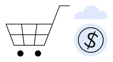 Alışveriş arabası ve dolar döviz tabelası bulutların altında online alışveriş, e-ticaret, dijital işlemler, bulut hesaplama, maliyet yönetimi, perakende büyümesi ve finansal teknoloji tasvir ediyor. İdeal