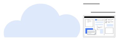 Organizasyon ve düzenleme için dokümanları gösteren bir web sayfası arayüzü olan büyük mavi bulut. Bulut hesaplama, dosya paylaşımı, veri yönetimi, üretkenlik, işbirliği, uzak çalışma, basit