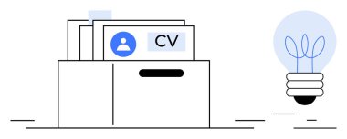 CV 'ler, yeniliği temsil eden bir ampulün yanında iş alımını sembolize eden bir dosya kutusunda düzenlenmiştir. İşe alım, işe alım, insan kaynakları, iş başvuruları, yaratıcılık, yenilik, basit iniş için ideal