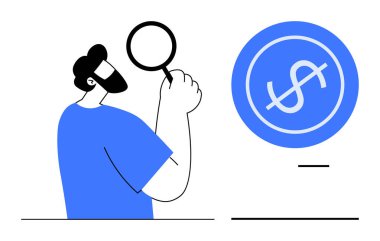 Elinde büyüteç tutan kişi odak noktasında büyük dolar işaretini denetliyor, mali analizi, yatırımı, tasarrufu, bütçeyi, ekonomik büyümeyi, zenginlik yönetimini ve iş anlayışını temsil ediyor. İdeal