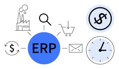 Merkezi ERP merkez bağlantı ikonları, büyüteç, alışveriş arabası, dolar işareti, posta ve saat. İş yönetimi, süreç otomasyonu, lojistik üretkenlik analizleri için ideal
