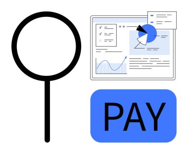 Büyüteç, haritalı mali gösterge paneli, analitiği vurgulayan ödeme düğmesi, e-ticaret. Finans, araştırma, üretkenlik, bankacılık, veri yönetimi alışveriş sayfası için ideal