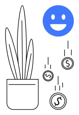 Mavi gülen yüz, dolar işaretleriyle paralar, uzun yapraklı saksı bitkisi. Finans, başarı, pozitiflik, büyüme, yatırım, refah sade iniş sayfası için ideal