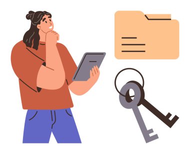 Tabletle düşünen kadın klasör ve anahtarların yanında, kavramlar veri erişimini, mahremiyeti ve güvenliği simgeliyor. Siber güvenlik, karar verme, üretkenlik, organizasyon için ideal