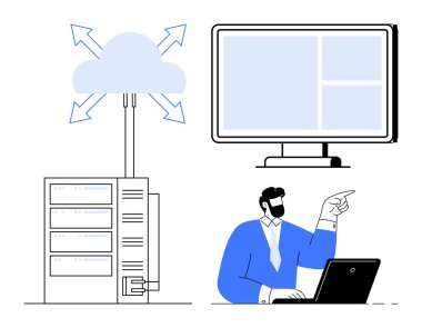 Oklarla bulut deposuna bağlı bir sunucu, büyük ekran monitörü ve dizüstü bilgisayar kullanan bir profesyonel. Teknoloji, veri, bulut hizmetleri, iş, bilişim çözümleri, yenilik için ideal