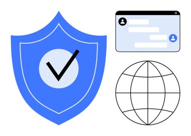 Online güvenliği, güvenli iletişimi ve küresel veri korumasını temsil eden kontrol işareti, küre ve sohbet arayüzü olan bir kalkan. Siber güvenlik, internet güvenliği, teknolojik çözümler, küresel