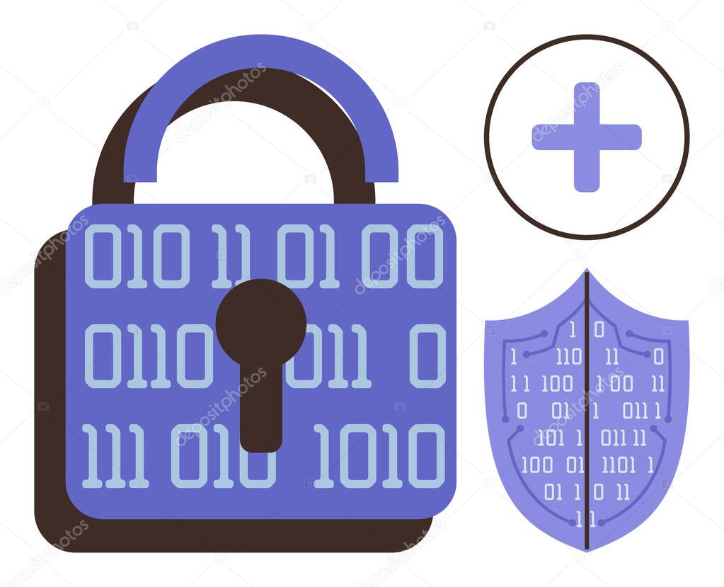 Vector of Padlock with binary code, shield with binary details, and plus sign emphasizing enhanced security. Ideal for cybersecurity, encryption, data protection, online safety, access control, privacy system Padlock with binary code, shield with binary details, and plus sign emphasizing enhanced security. Ideal for cybersecurity, encryption, data protection, online safety, access control, privacy system stock vector
