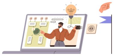 Adam çizelgeler, fikirler, sohbet baloncukları ve dizüstü bilgisayarında gösterilen notlarla sanal bir sunum yapıyor. Eğitim, yenilik, takım çalışması, dijital öğrenme, teknoloji iletişimi için ideal