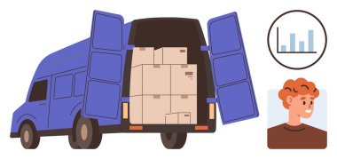 Mavi teslimat minibüsü karton kutularla dolu, arka kapılar açık, gülen kurye yüzü ve bar grafiği. Nakliye, lojistik, tedarik zinciri, iş büyümesi, ürün teslimatı e-ticaret için ideal