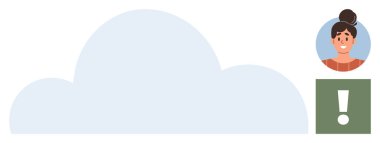 Bulut grafiği ve ünlem simgesinin yanında avatar tarzında kadın portresi. Çevrimiçi varlık, bildirimler, bulut hizmetleri, iletişim, uyarılar, anımsatıcılar, kişisel