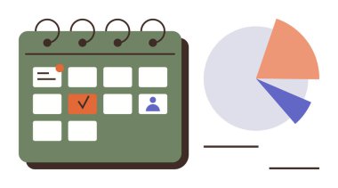 Görev tamamlama ve renkli pasta grafiğinin yanında kullanıcı simgeleri olan yeşil takvim. Zaman yönetimi, verimlilik, planlama, organizasyon, analitik, veri görselleştirme için idealdir. Basit.