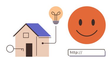 Ev, elektrik ampulüne ve mutlu yüze internet bağlantısı ile bağlı. Akıllı ev, çevrimiçi erişim ve mutluluğu sembolize ediyor. Teknoloji, güvenlik, modern yaşam, IOT, yenilik için ideal online araçlar basit