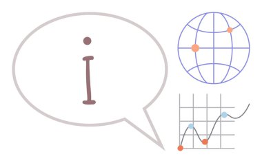 I ile konuşma balonu, bağlantı noktaları ile dünya, ve veri noktaları ile çizgi grafiği. İletişim için ideal, küresel ağ, analitik, eğitim, veri görselleştirme, teknoloji basit düz