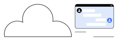 Kullanıcı avatarları ve mesaj baloncuklarıyla çevrimiçi sohbet penceresine bağlı bir bulut. Takım çalışması, veri paylaşımı, bulut teknolojisi, çevrimiçi iletişim, kullanıcı arayüzü, dijital işbirliği, basit