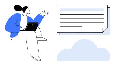 Dizüstü bilgisayarlı bir kadın, yüzen dijital dosyalara ve bulut simgesine doğru hareket ediyor. Teknoloji, takım çalışması, bulut hesaplama, uzak çalışma, yenilik, iletişim için ideal, basit düz metafor