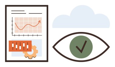 Trend çizgisi grafiği ve şamdan çizelgesi kağıt üzerinde, bulut yukarıda, göz işaretli. Veri analizi, finansal içgörü, izleme, optimizasyon, performans değerlendirmesi için ideal