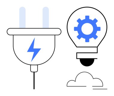 Yıldırımlı elektrik prizi, dişli entegre ampul ve yenilenebilir enerji, verimlilik, takım çalışması, gelecekteki yenilik, temiz teknoloji, yaratıcılık ve problem çözme. A