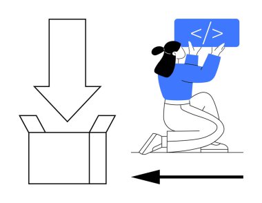 Elinde kod etiketi olan bir kadın, açık bir kutunun yanında diz çöküp ok simgelerini indiriyor. Yazılım oluşturma, geliştirme, kodlama, mevzilenme, e-ticaret, lojistik, eğitim sade iniş için ideal
