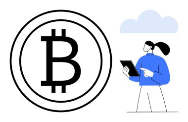 Büyük Bitcoin sembolü, şifreli para analizine işaret eden tablet gören biriyle eşleşti. Engelleme zinciri, fintech, yatırım, teknoloji, yenilik, araştırma, basit iniş sayfası için ideal