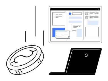 Bilgisayarın yanında para transferini gösteren ve formlar ve çek kutuları ile çevrimiçi arayüz oluşturan bozuk para düşüşü. Finans, e-ticaret, dijital çözümler, yatırım, fintech, bankacılık, teknoloji için ideal