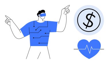 Devre desenli tişörtü yukarı bakan VR kulaklık takan bir kişi dolar işareti ve nabzı atan bir kalp. Teknoloji için ideal, VR, sağlık, finans, yenilik, dijital dönüşüm, düz