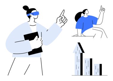 Elinde tablet tutan biri, parmağını kaldıran biri, yukarı doğru ok atan bir çubuk grafiği. Takım çalışması, liderlik, yenilik, planlama, analitik, büyüme sade iniş sayfası için ideal