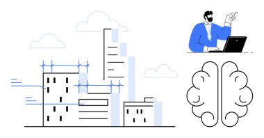 İnşaat halindeki yüksek binalar, iskele iskelesi, dizüstü bilgisayarı olan bir iş adamı ve bir beyin ikonu. Mimarlık, kentsel gelişim, takım çalışması, yaratıcılık, yenilik, iş için ideal