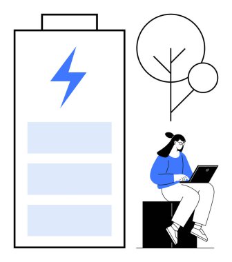 Dizüstü bilgisayar kullanan bir kadın, yıldırımlı büyük bir pil, minimalist ağaç. Enerji, sürdürülebilirlik, teknoloji, eko-yaşam tarzı, üretkenlik temiz enerji dijital iş akışı için idealdir. Basit düz metafor