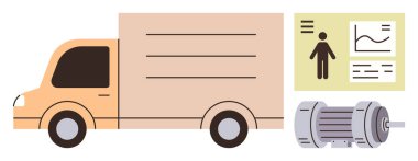 Nakliye kamyonu veri haritası ve endüstriyel ekipman bileşeniyle birlikte. Lojistik, analitik, ulaşım, sanayi, tedarik zinciri, mühendislik, takım çalışması için ideal. Basit düz metafor